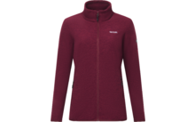 Giacca in pile bordeaux con collo alto, cerniera frontale integrale, due tasche laterali con cerniera, piccolo logo sul petto e toppa logo sulla manica