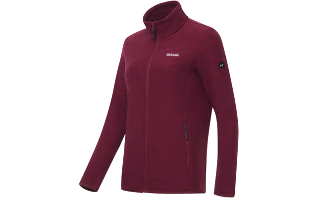 Giacca in pile bordeaux con collo alto, cerniera centrale, due tasche laterali con zip, piccolo logo bianco sul petto e piccolo patch logo sulla manica