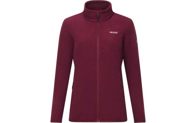 Giacca in pile bordeaux con collo alto, cerniera frontale integrale, due tasche laterali con cerniera, piccolo logo sul petto e toppa logo sulla manica