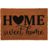 Rechteckige braune Fußmatte mit schwarzem Schriftzug 'HOME' (Herz als O) und 'sweet home' in Schreibschrift darunter