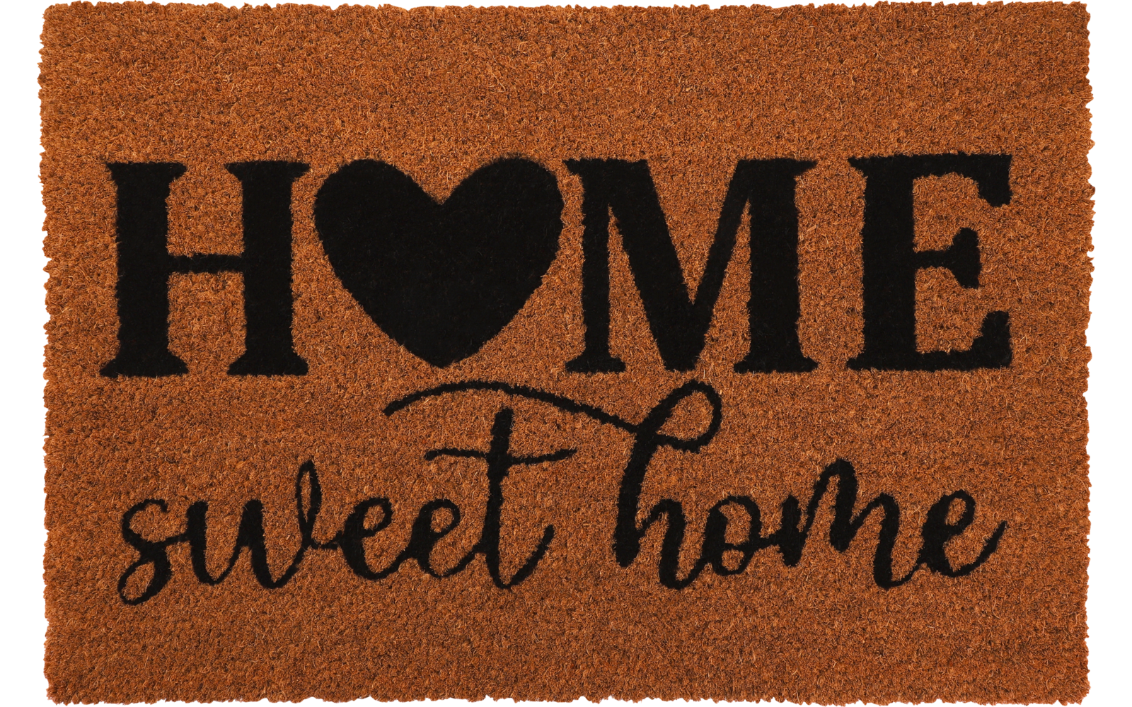 Rechteckige braune Fußmatte mit schwarzem Schriftzug 'HOME' (Herz als O) und 'sweet home' in Schreibschrift darunter