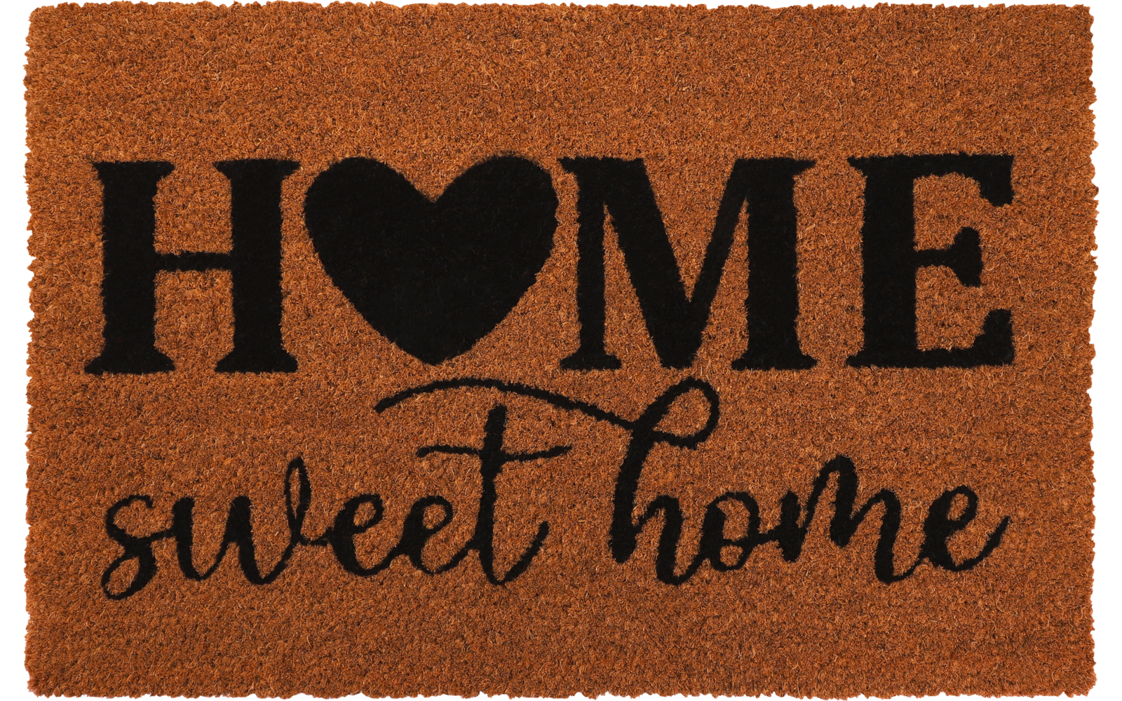 Rechteckige braune Fußmatte mit schwarzem Schriftzug 'HOME' (Herz als O) und 'sweet home' in Schreibschrift darunter