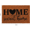 Rechteckige braune Kokosfußmatte mit schwarzer Aufschrift: oben 'HOME' mit einem Herz als O, darunter 'sweet home' in Schreibschrift