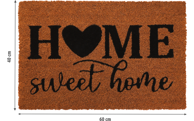 Rechteckige braune Kokosfußmatte mit schwarzer Aufschrift: oben 'HOME' mit einem Herz als O, darunter 'sweet home' in Schreibschrift