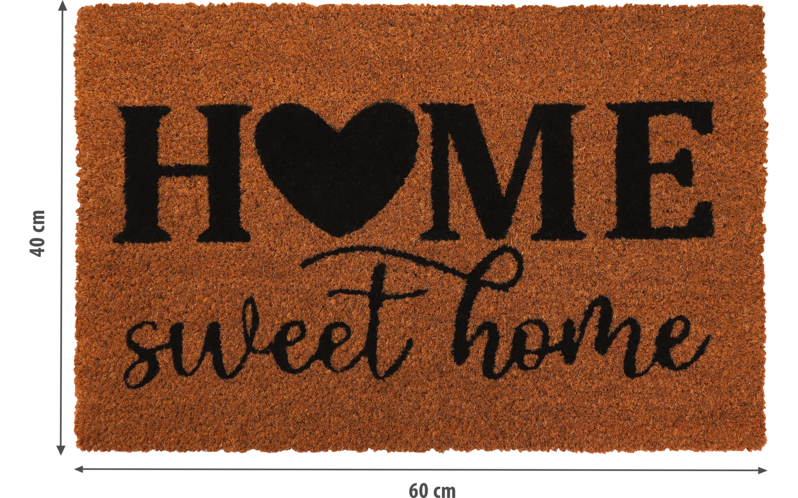 Rechteckige braune Kokosfußmatte mit schwarzer Aufschrift: oben 'HOME' mit einem Herz als O, darunter 'sweet home' in Schreibschrift