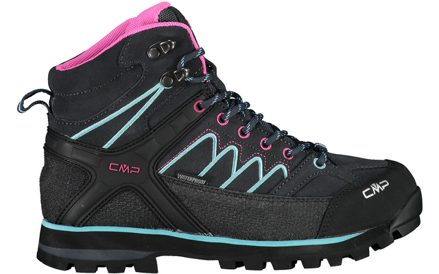 Schwarzer Wanderschuh mit blauen und pinken Akzenten