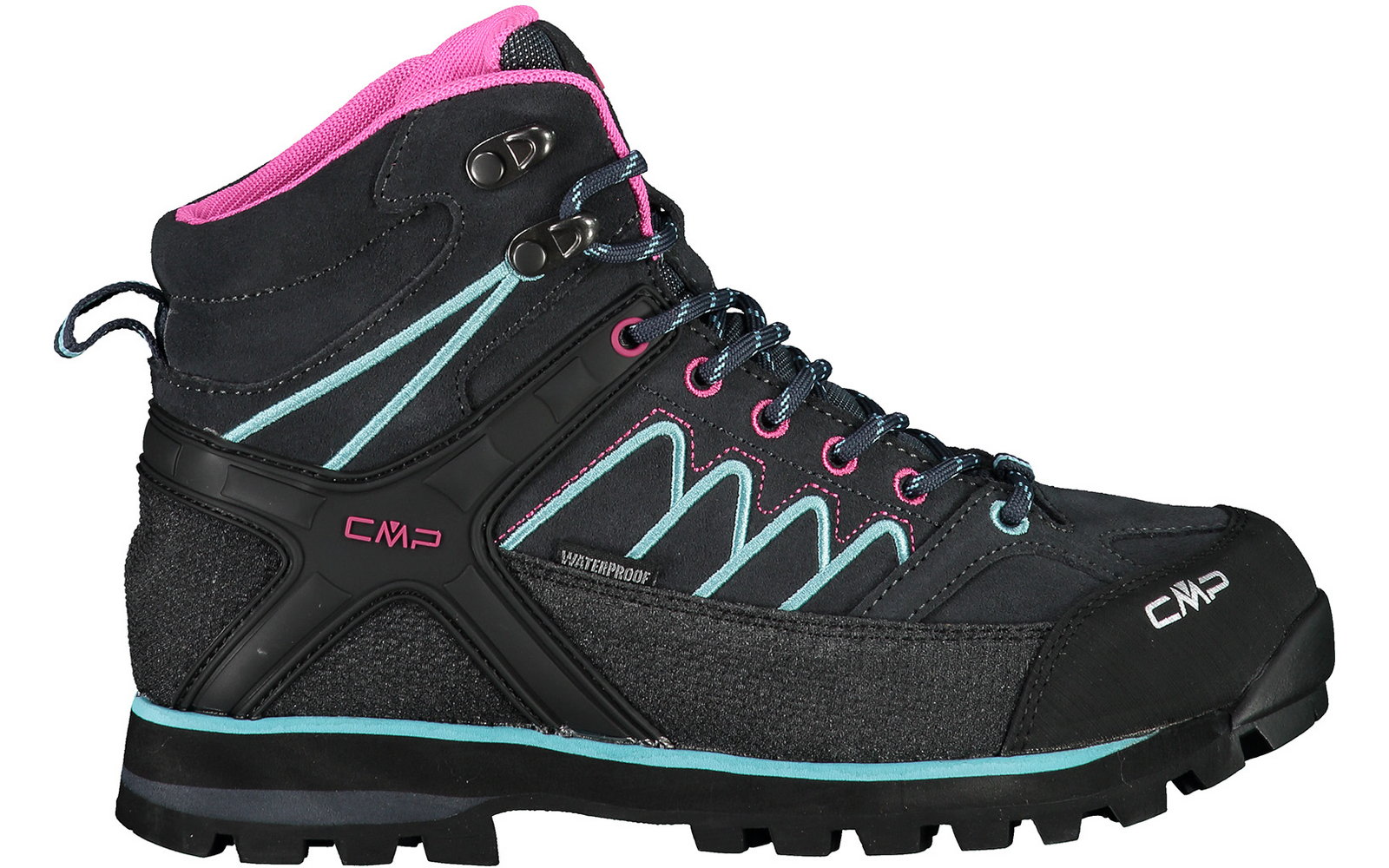 Schwarzer Wanderschuh mit blauen und pinken Akzenten