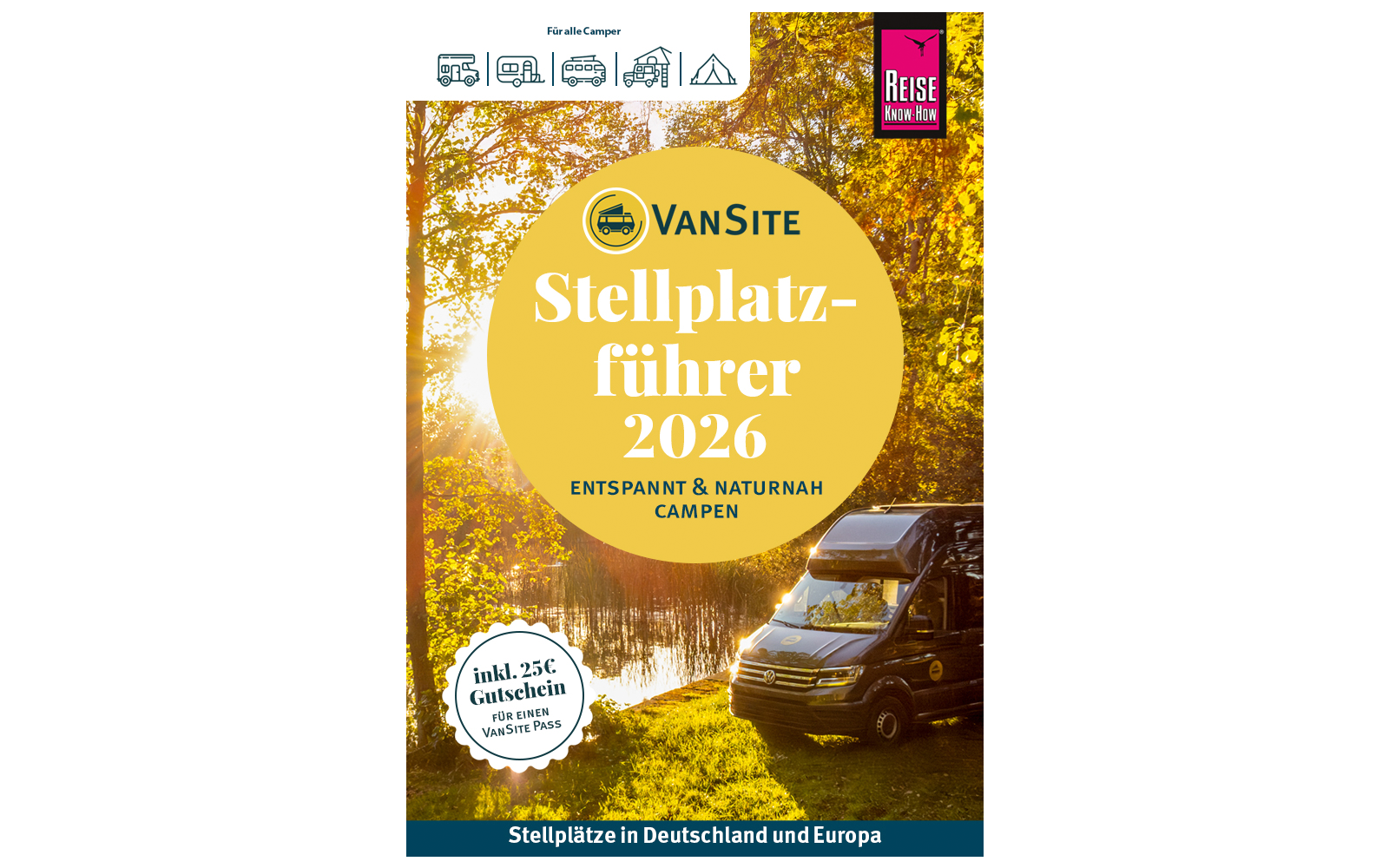 Wohnmobil am Ufer eines Sees, Sonnenlicht durch gelb-braune Laubbäume, großer gelber Kreis mit Text 'VanSite Stellplatz-führer 2026', runder Aufkleber 'inkl. 25€ Gutschein', magentafarbenes Rechteck mit 'Reise Know-How', Icons oben links, blauer Balk