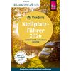 Wohnmobil am Ufer eines Sees, Sonnenlicht durch gelb-braune Laubbäume, großer gelber Kreis mit Text 'VanSite Stellplatz-führer 2026', runder Aufkleber 'inkl. 25€ Gutschein', magentafarbenes Rechteck mit 'Reise Know-How', Icons oben links, blauer Balk