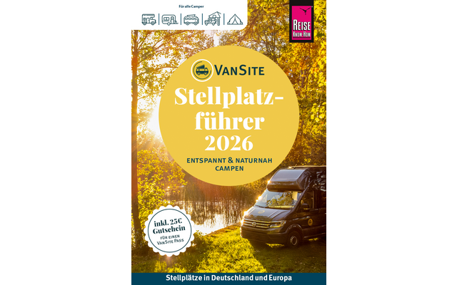 Wohnmobil am Ufer eines Sees, Sonnenlicht durch gelb-braune Laubbäume, großer gelber Kreis mit Text 'VanSite Stellplatz-führer 2026', runder Aufkleber 'inkl. 25€ Gutschein', magentafarbenes Rechteck mit 'Reise Know-How', Icons oben links, blauer Balk