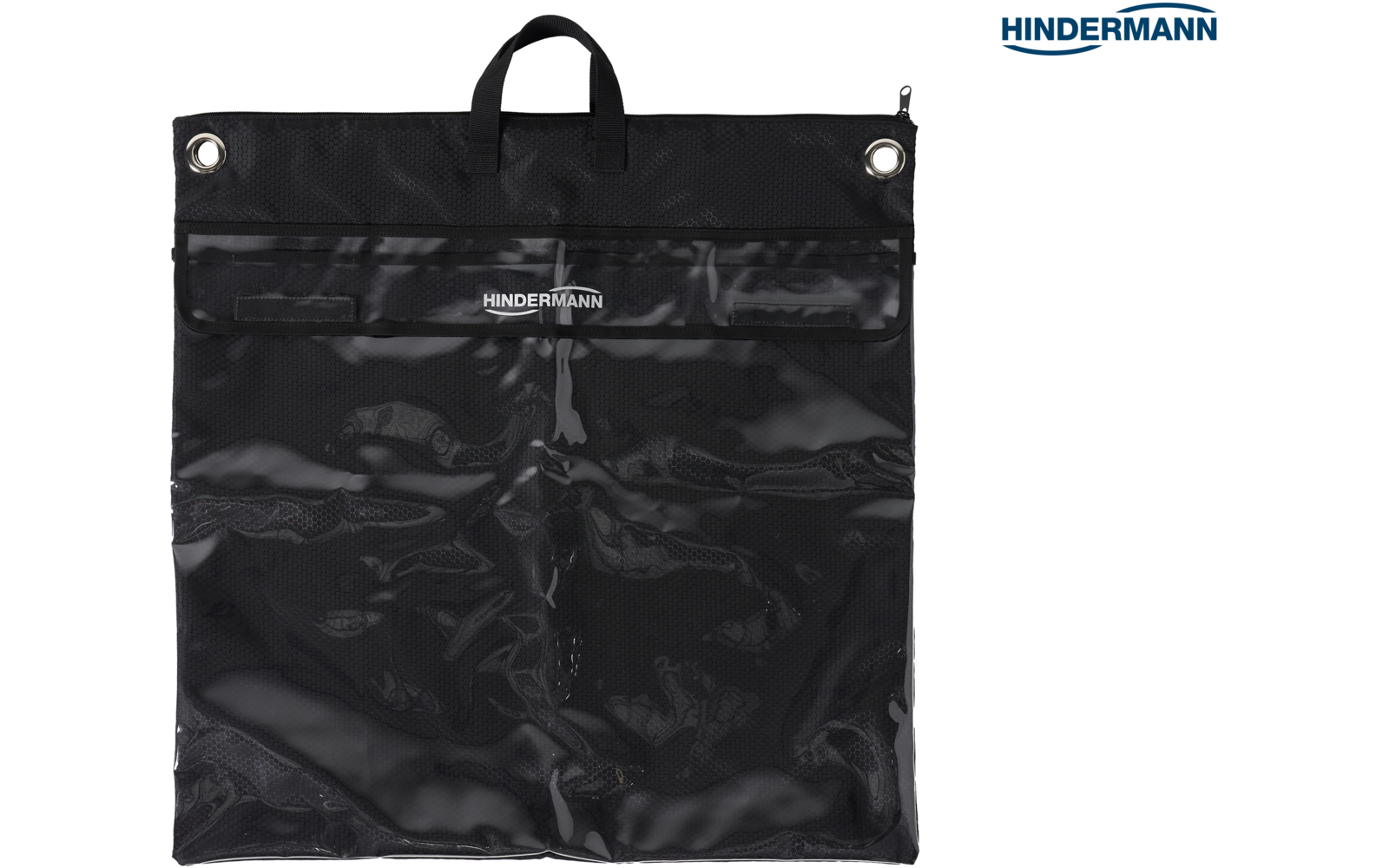 Schwarze quadratische Tasche mit Tragegriff oben, zwei Metallösen an den oberen Ecken, mehrere glänzende transparente Fronttaschen, Schriftzug 'HINDERMANN' auf der Tasche und rechts oben im Bild