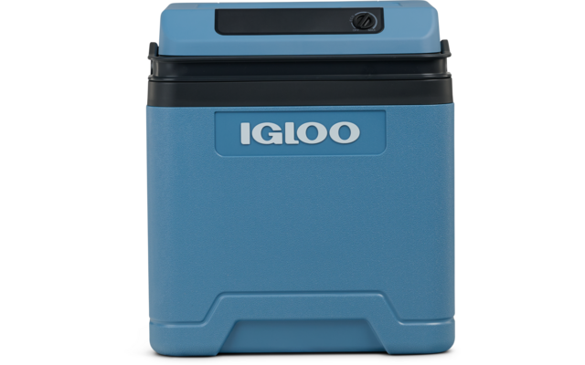 Blaue Kunststoff-Kühlbox mit weißem "IGLOO"-Schriftzug auf der Vorderseite und schwarzem Deckel mit Verschluss