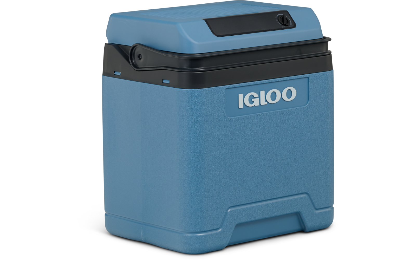 Blaue Kunststoff-Kühlbox mit schwarzem Deckel und Griff, Markenlogo IGLOO auf der Vorderseite