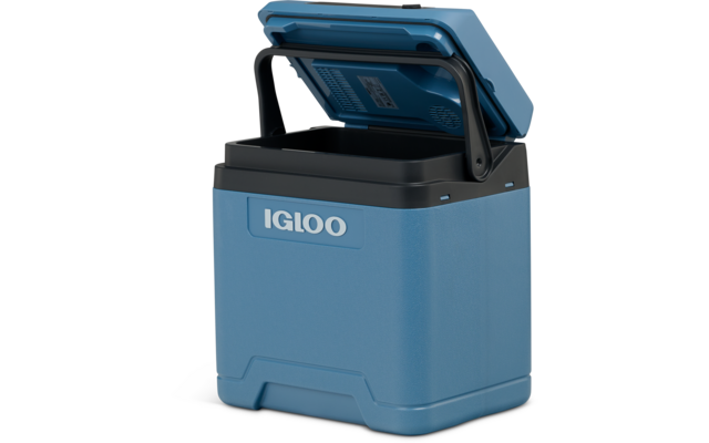 Blaue Igloo-Kühlbox mit geöffnetem Deckel und schwarzem Griff, Markenname IGLOO sichtbar