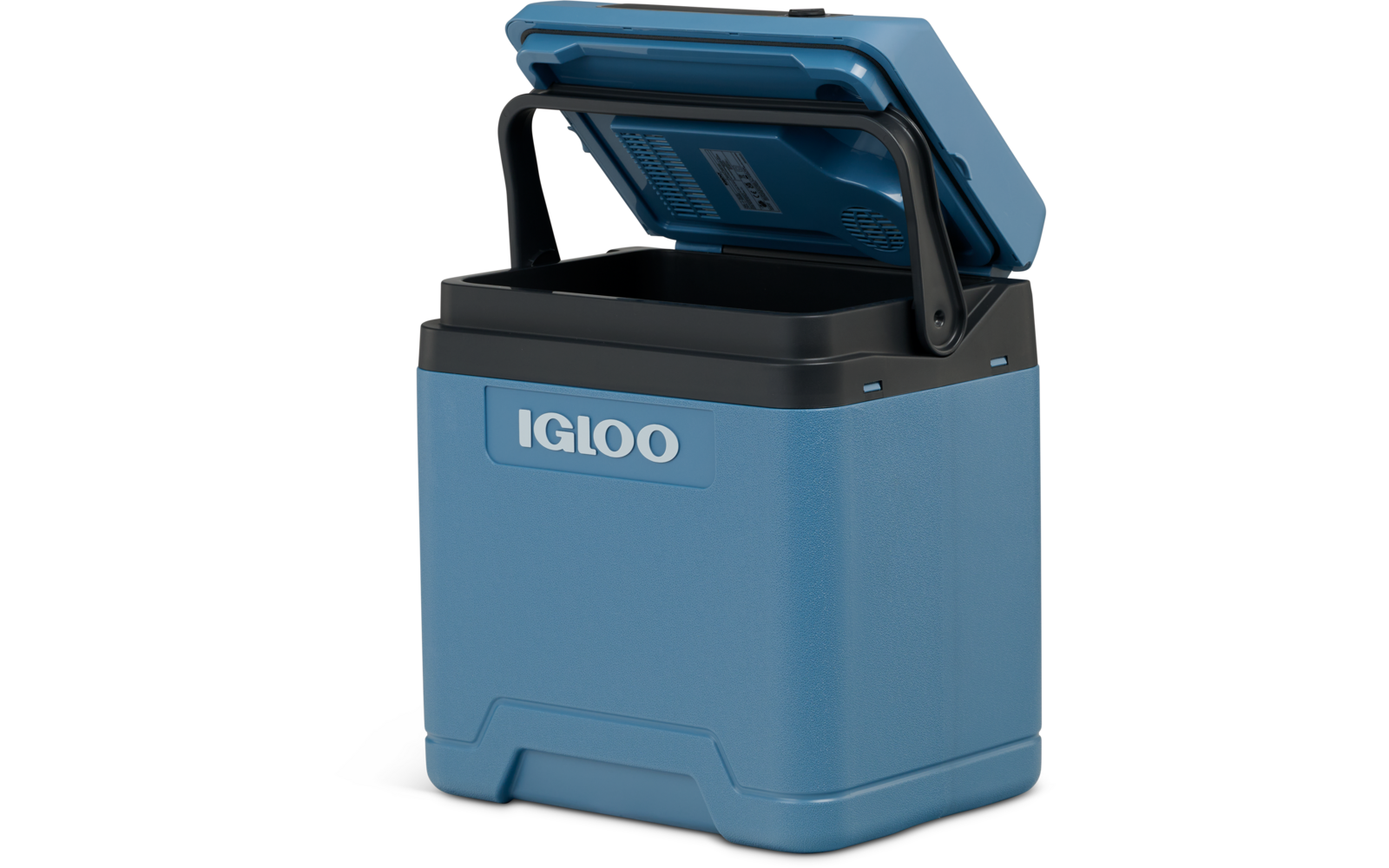 Blaue Igloo-Kühlbox mit geöffnetem Deckel und schwarzem Griff, Markenname IGLOO sichtbar