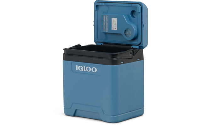 Offene blaue Kunststoff-Kühlbox mit schwarzem Innenrand, hochgeklapptem Deckel, Lüftungsöffnung und Aufkleber im Deckel, vorn Markenaufdruck 'IGLOO'
