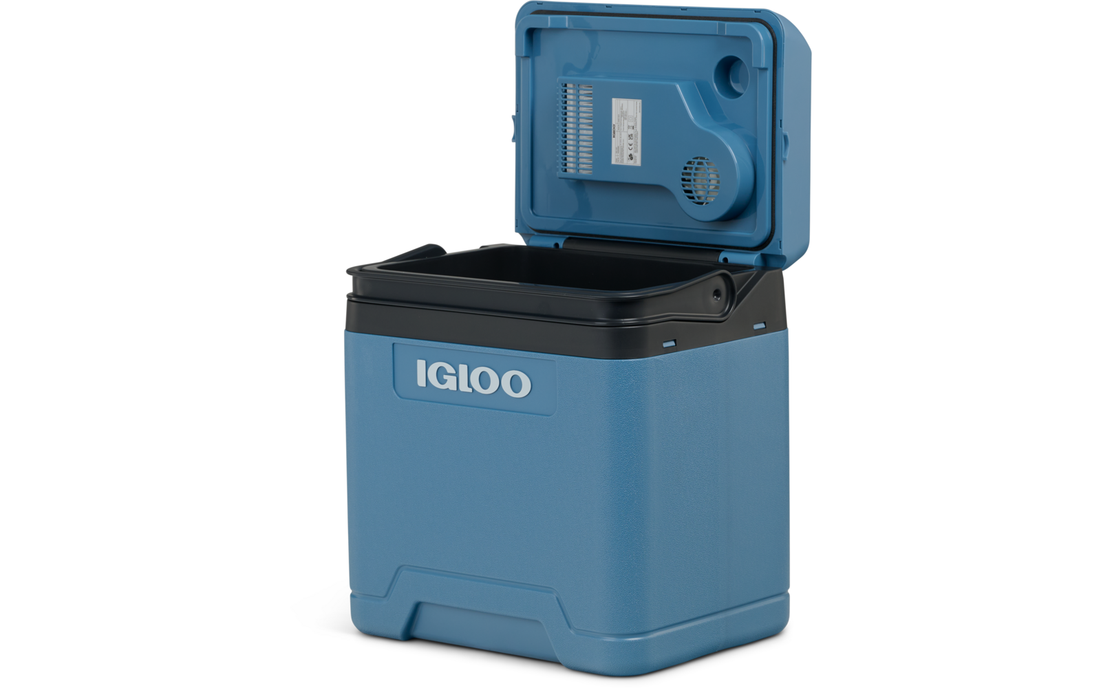 Offene blaue Kunststoff-Kühlbox mit schwarzem Innenrand, hochgeklapptem Deckel, Lüftungsöffnung und Aufkleber im Deckel, vorn Markenaufdruck 'IGLOO'