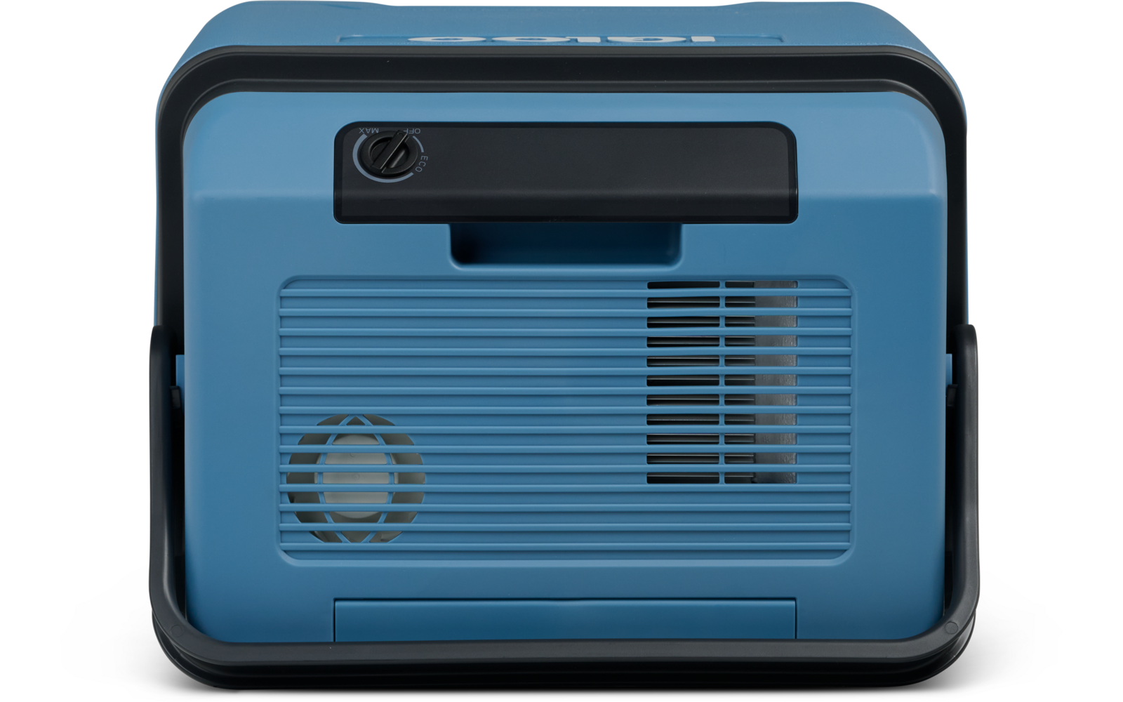 Blaues rechteckiges Gerät mit schwarzem Griff oben, horizontalen Lüftungsschlitzen, einer runden Gitteröffnung links unten und einer rechteckigen Gitteröffnung rechts