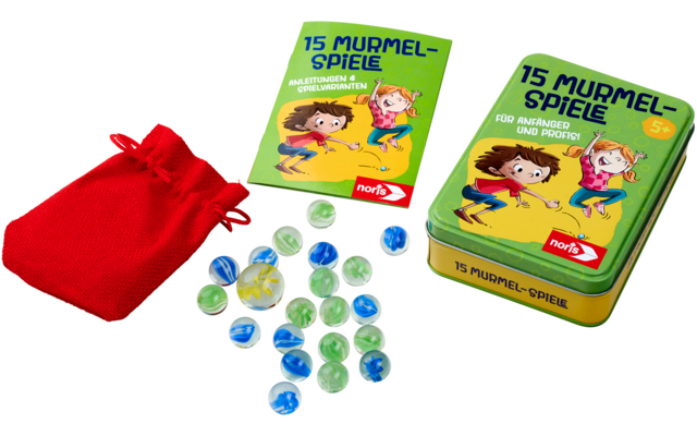 Jeu avec une pochette rouge, de nombreuses pièces de jeu transparentes et deux boîtes métalliques vertes avec impression