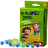 Une boîte verte étiquetée ‚15 Jeux de billes‘ avec des billes colorées à côté