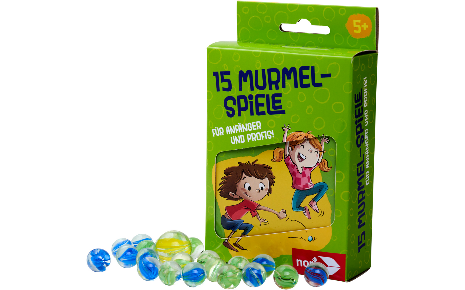 Une boîte verte étiquetée ‚15 Jeux de billes‘ avec des billes colorées à côté