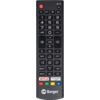 Schwarze Fernbedienung mit roter Power-Taste oben links; numerische Tasten 0–9; rundes Navigationskreuz mit mittlerer Taste; Tasten mit Lautsprecher- und Kanal-Piktogrammen; Beschriftungen 'LIST', 'BACK', 'EXIT', 'GUIDE'; farbige Tasten (rot, grün, g