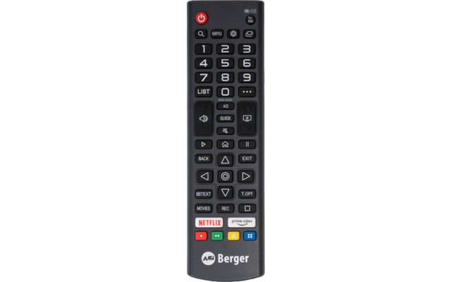 Schwarze Fernbedienung mit roter Power-Taste oben links; numerische Tasten 0–9; rundes Navigationskreuz mit mittlerer Taste; Tasten mit Lautsprecher- und Kanal-Piktogrammen; Beschriftungen 'LIST', 'BACK', 'EXIT', 'GUIDE'; farbige Tasten (rot, grün, g