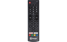 Schwarze Fernbedienung mit roter Power-Taste oben links; numerische Tasten 0–9; rundes Navigationskreuz mit mittlerer Taste; Tasten mit Lautsprecher- und Kanal-Piktogrammen; Beschriftungen 'LIST', 'BACK', 'EXIT', 'GUIDE'; farbige Tasten (rot, grün, g