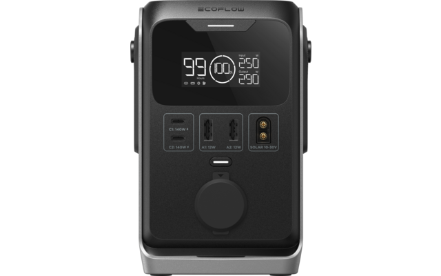 Vooraanzicht van een zwart apparaat met het logo "ECOFLOW", rechthoekig display met digitale cijfers en symbolen, twee AC-stopcontacten, twee rechthoekige DC-aansluitingen, een ronde 12V-aansluiting en twee goudkleurige zonnecontacten