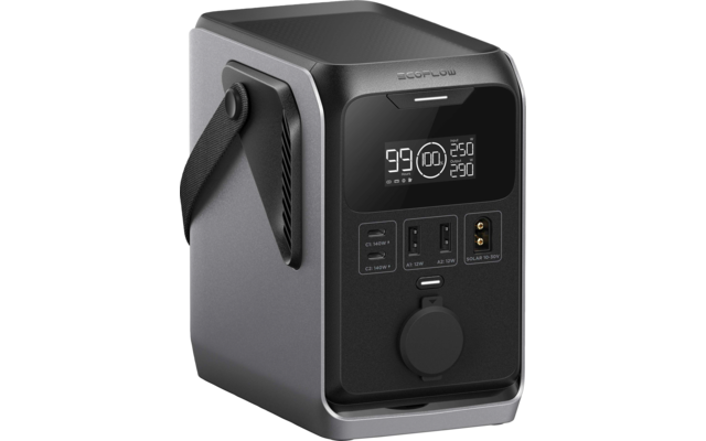 Donkergrijs rechthoekig apparaat met draaghandvat, digitaal scherm aan de voorkant en meerdere aansluitingen