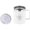 White insulated mug with handle and silver stainless-steel rim, grey logo with mountains and text 'camp life', clear plastic lid beside it