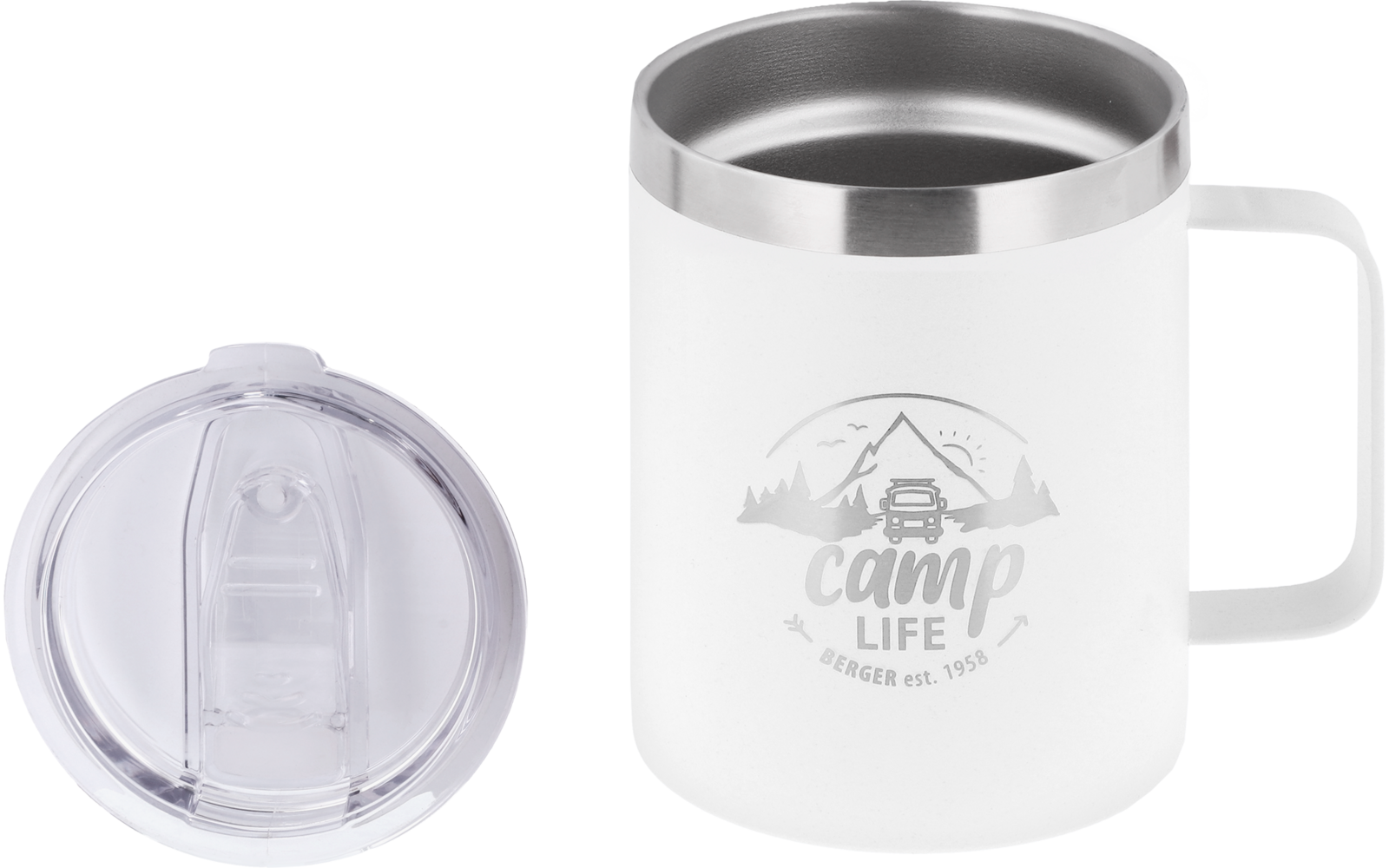 White insulated mug with handle and silver stainless-steel rim, grey logo with mountains and text 'camp life', clear plastic lid beside it