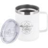 White mug with metal rim and handle, clear plastic lid beside it, front showing gray camp life logo with mountain, vehicle and trees