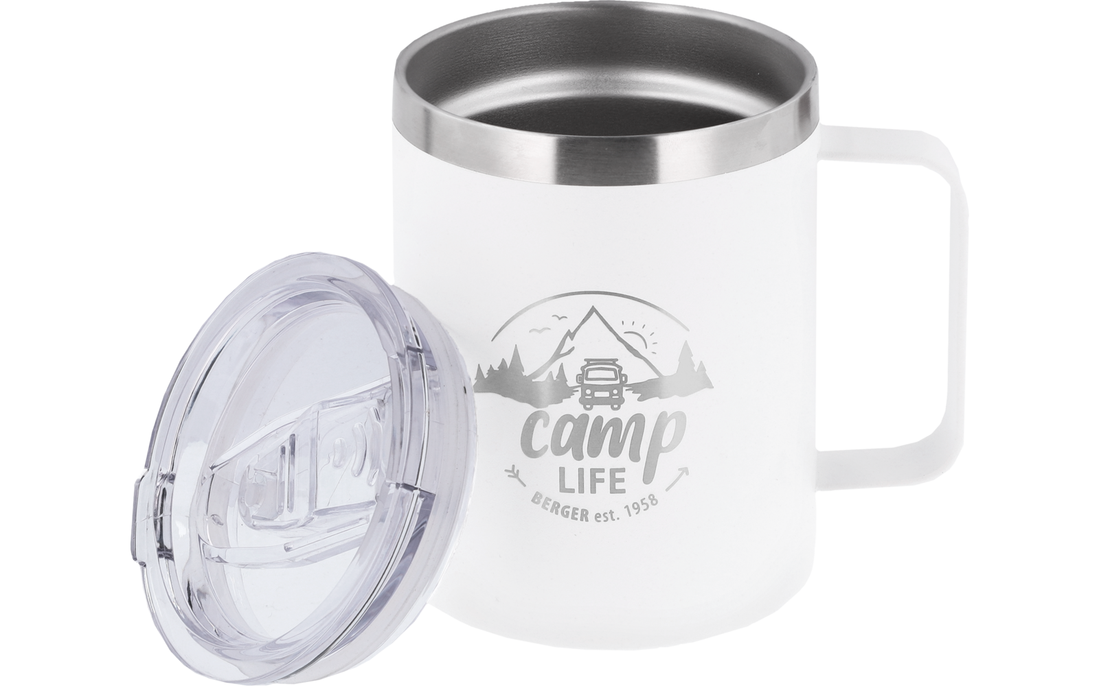 White mug with metal rim and handle, clear plastic lid beside it, front showing gray camp life logo with mountain, vehicle and trees