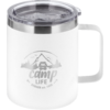 White insulated metal mug with handle and transparent plastic lid, front logo with mountain, trees, a car and text 'camp life' with 'BERGER est. 1958' below