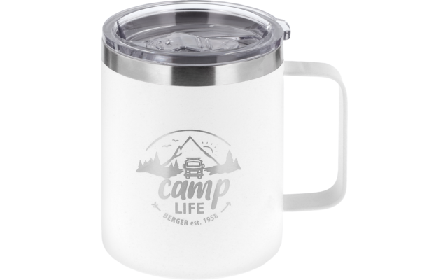 White insulated metal mug with handle and transparent plastic lid, front logo with mountain, trees, a car and text 'camp life' with 'BERGER est. 1958' below
