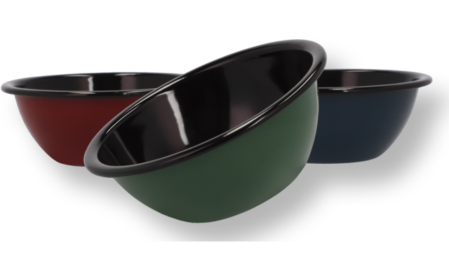 Quatre bols de différentes couleurs, deux verts, un noir et un rouge, empilés les uns dans les autres