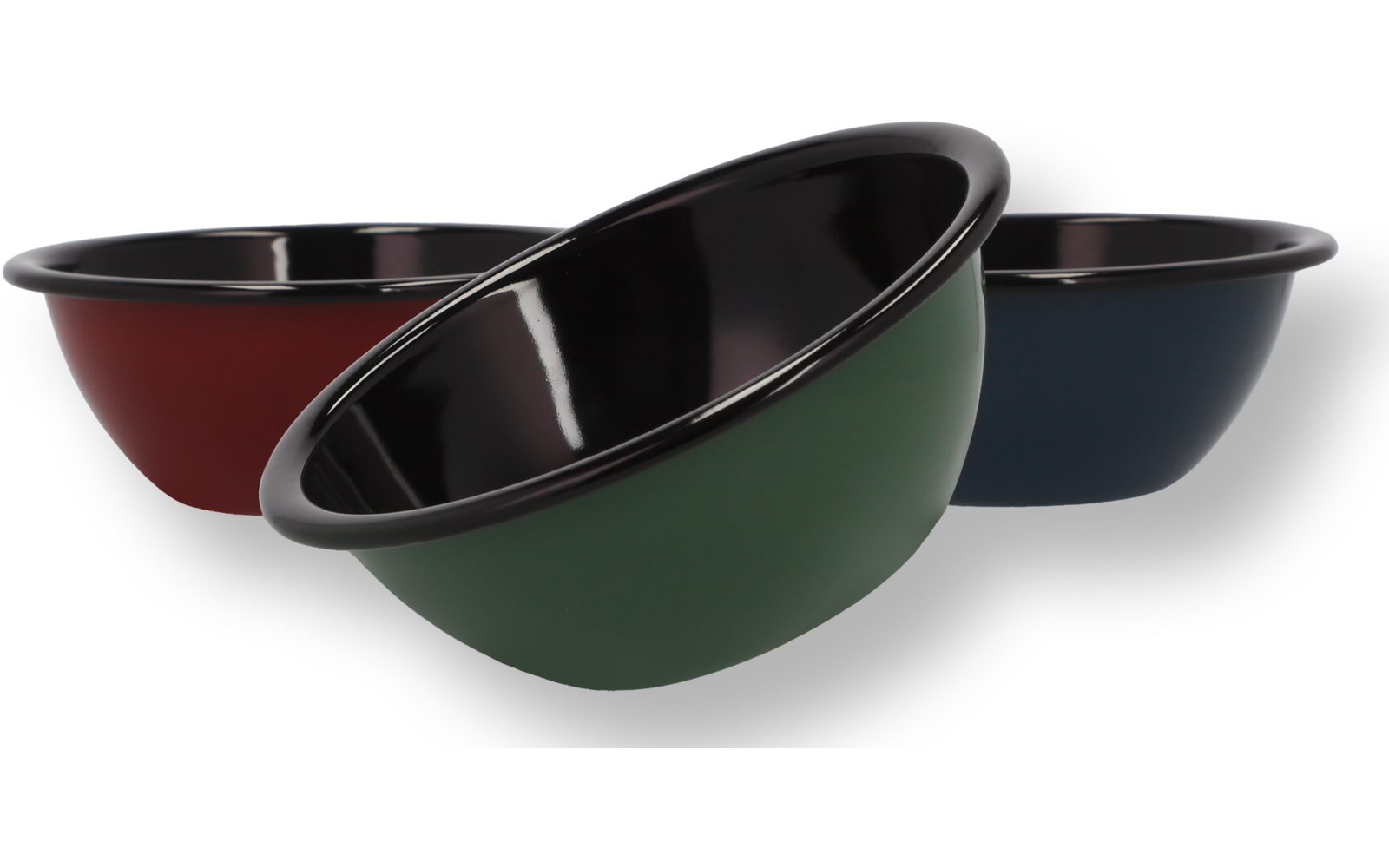 Quatre bols de différentes couleurs, deux verts, un noir et un rouge, empilés les uns dans les autres