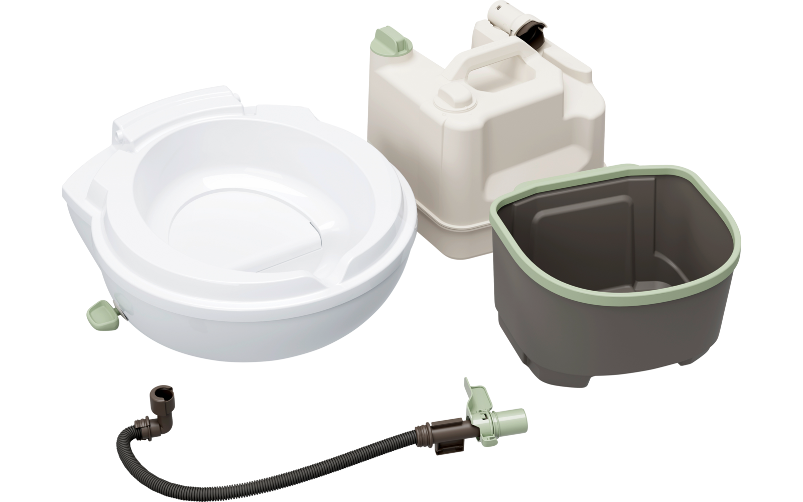 Weiße und graue Kunststoffbehälter mit einem schwarzen Schlauch auf weißem Hintergrund