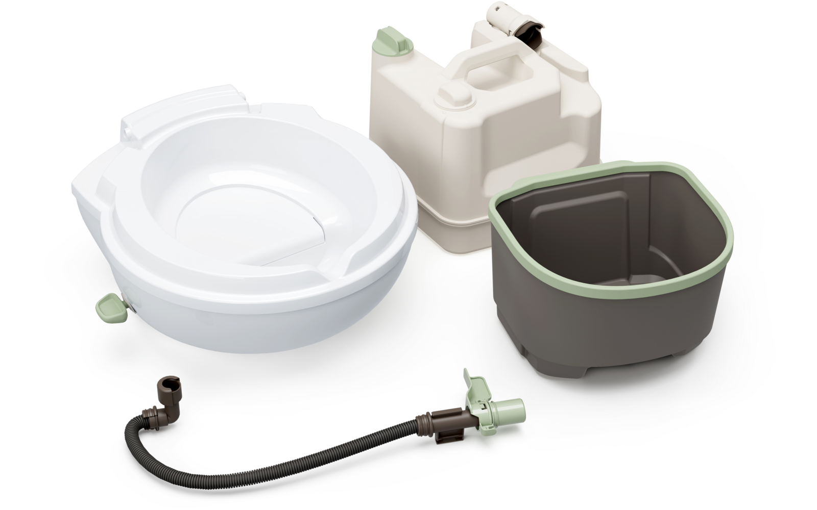 Weiße und graue Kunststoffbehälter mit einem schwarzen Schlauch auf weißem Hintergrund