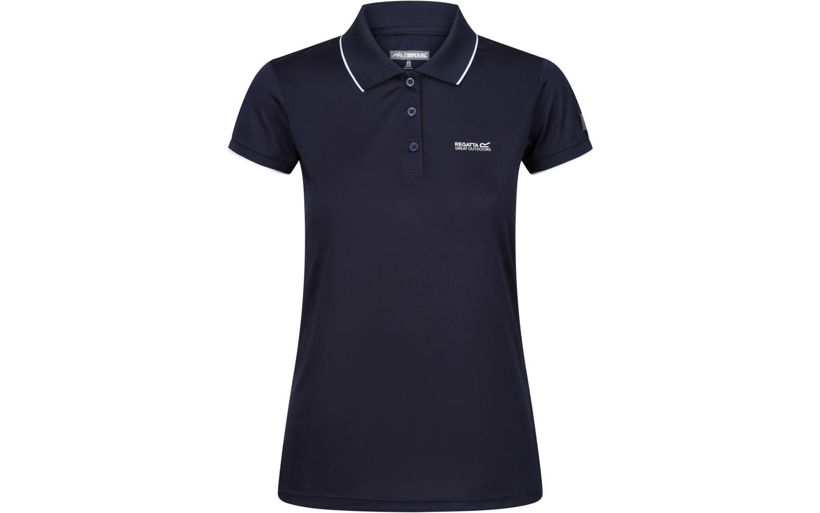 Dunkelblaues Poloshirt mit kurzen Ärmeln, drei Knöpfen, weißer Paspel am Kragen und kleinem weißen Logo links auf der Brust