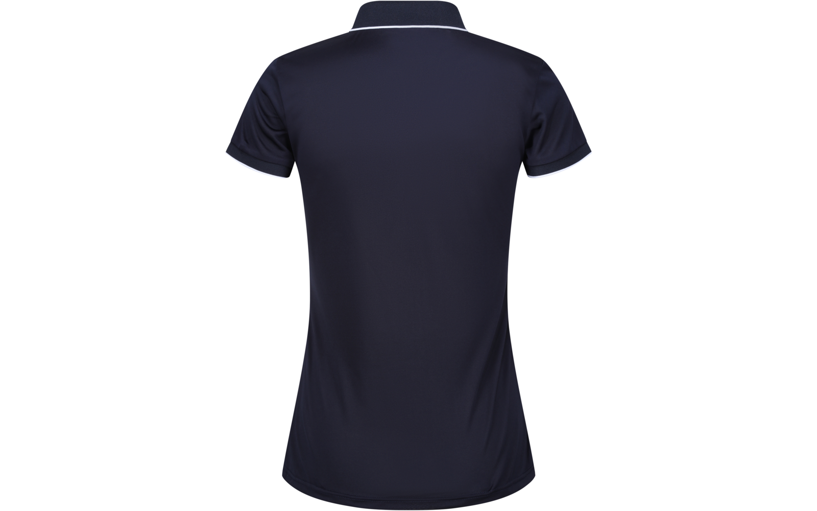 Dunkelblaues Poloshirt, Rückansicht, kurze Ärmel, umgelegter Kragen mit weißer Kante