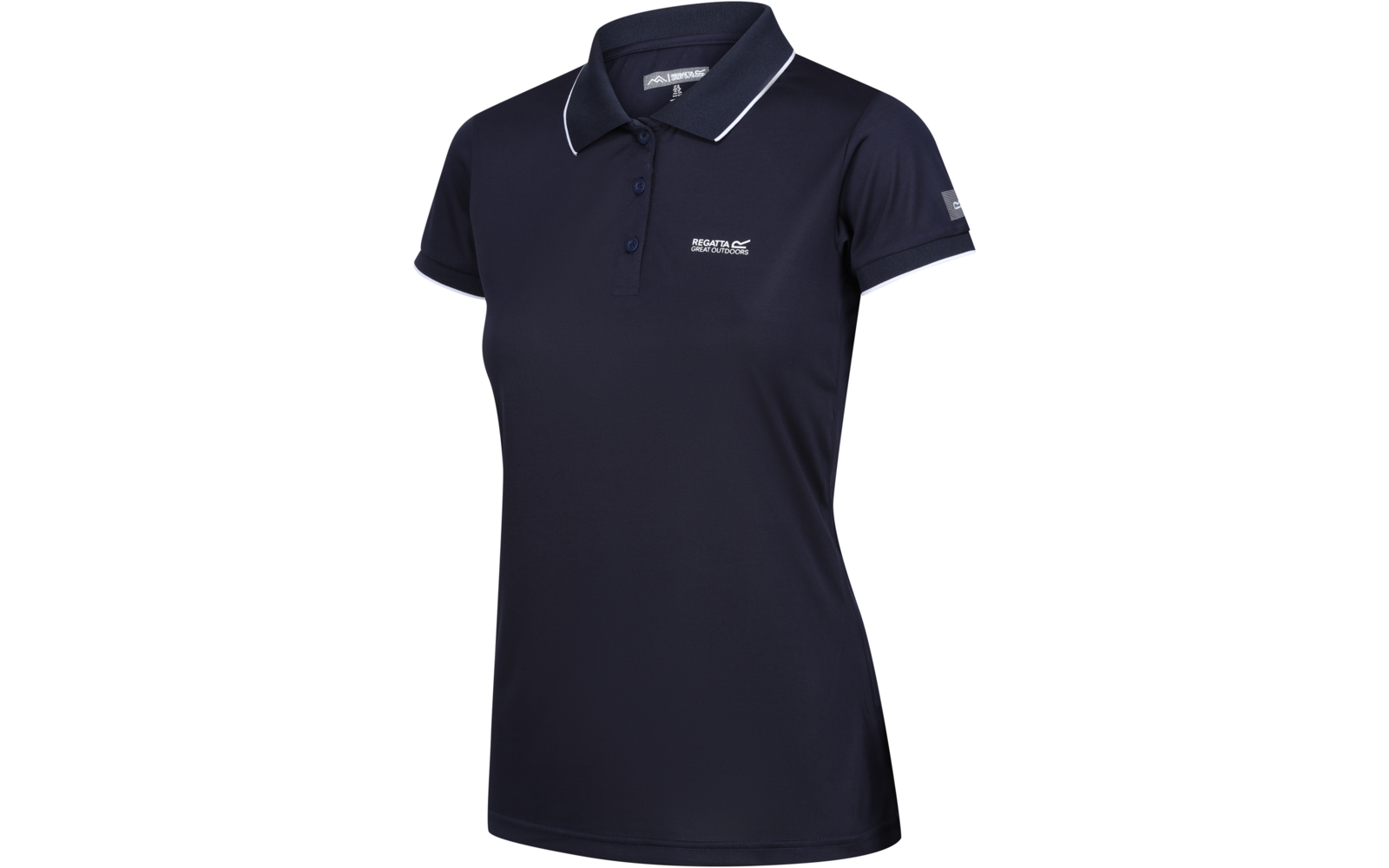 Navyblaues tailliertes Kurzarm-Poloshirt mit Kragen, Drei-Knopf-Leiste, weißer Paspel an Kragen und Ärmeln, kleinem weißen Logoschriftzug auf der Brust und Patch am linken Ärmel