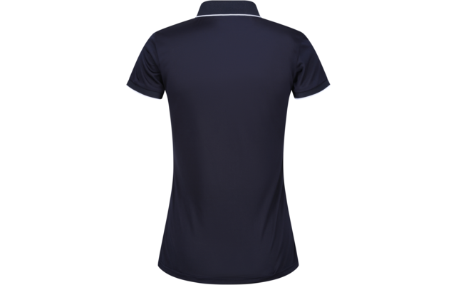 Dunkelblaues Poloshirt, Rückansicht, kurze Ärmel, umgelegter Kragen mit weißer Kante