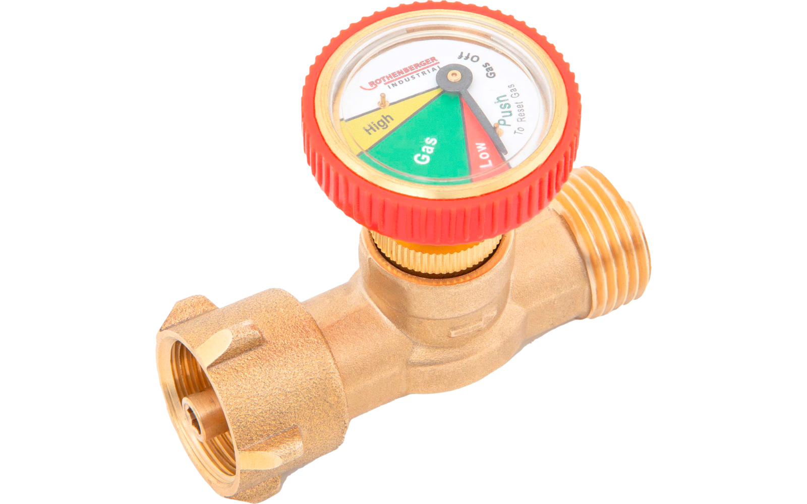 Gros plan d'une vanne en laiton avec un manomètre rond (vert, jaune, rouge) à bordure rouge et deux raccords filetés