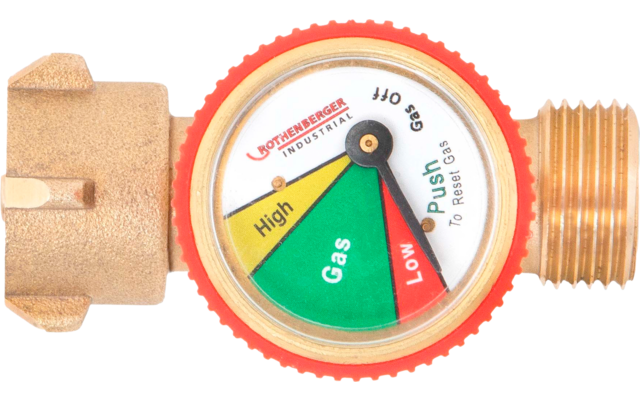 Gros plan d'un cadran rond avec des segments colorés (vert, jaune, rouge), inscriptions 'Gas', 'High', 'Low', 'Push', marque 'Rothenberger Industrial' et raccords métalliques à gauche et à droite