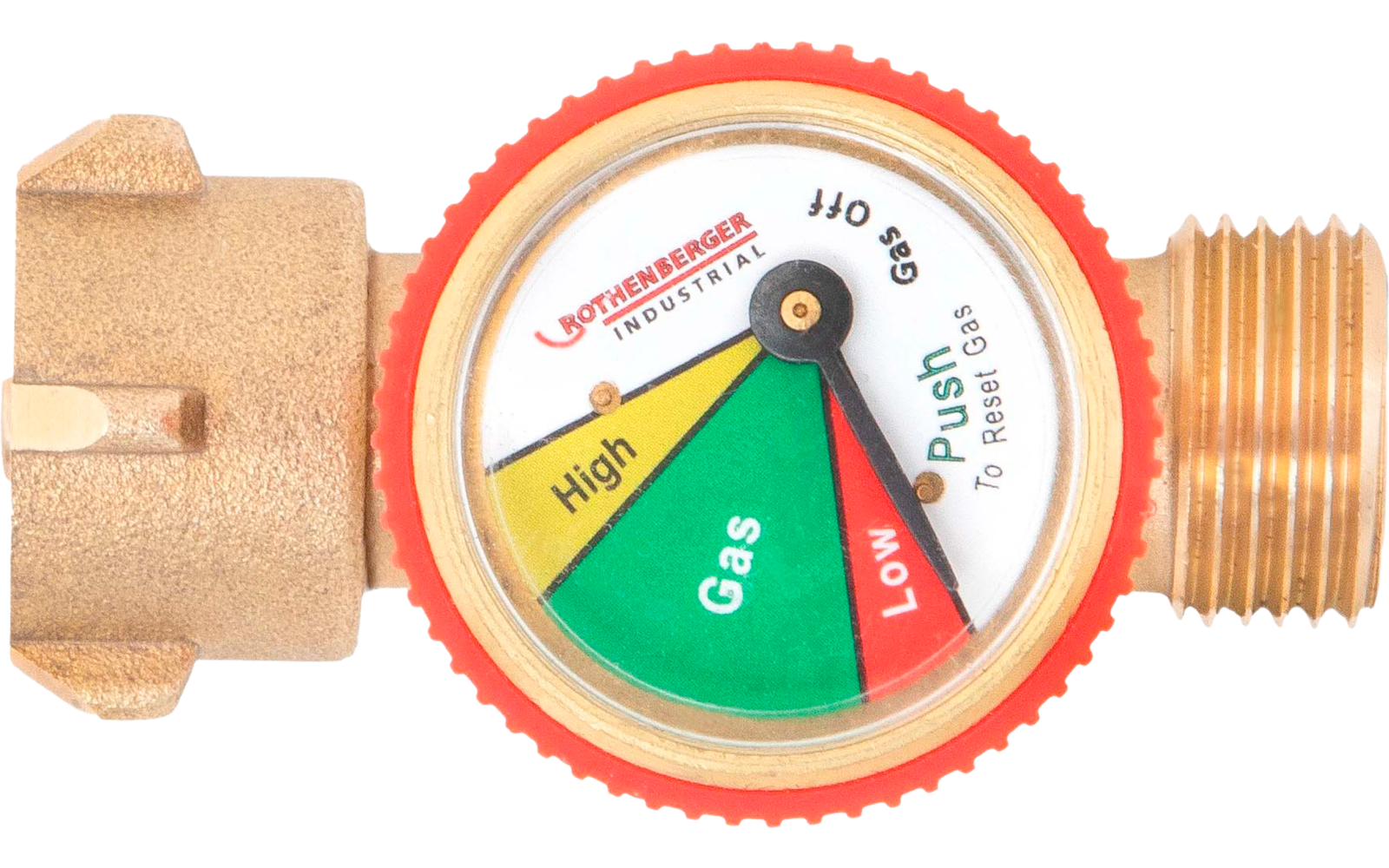 Gros plan d'un cadran rond avec des segments colorés (vert, jaune, rouge), inscriptions 'Gas', 'High', 'Low', 'Push', marque 'Rothenberger Industrial' et raccords métalliques à gauche et à droite