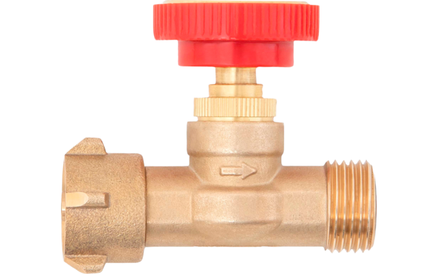 Robinet en laiton avec volant rond rouge sur le dessus, flèche en relief sur le corps, filetage mâle à droite, raccord côté gauche de type écrou