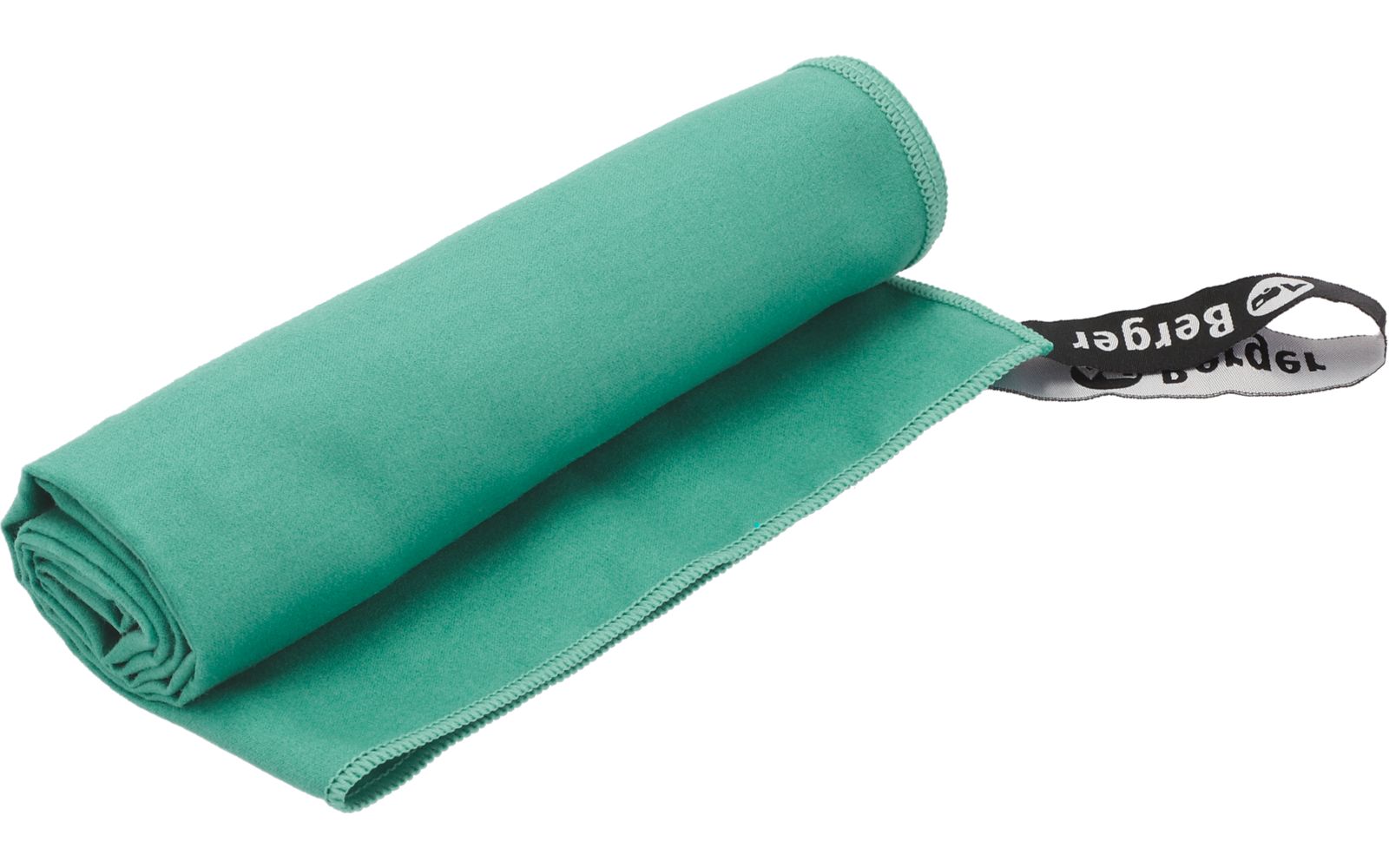 Aufgerolltes türkisfarbenes Mikrofasertuch mit schwarzem Trageband/Etikett