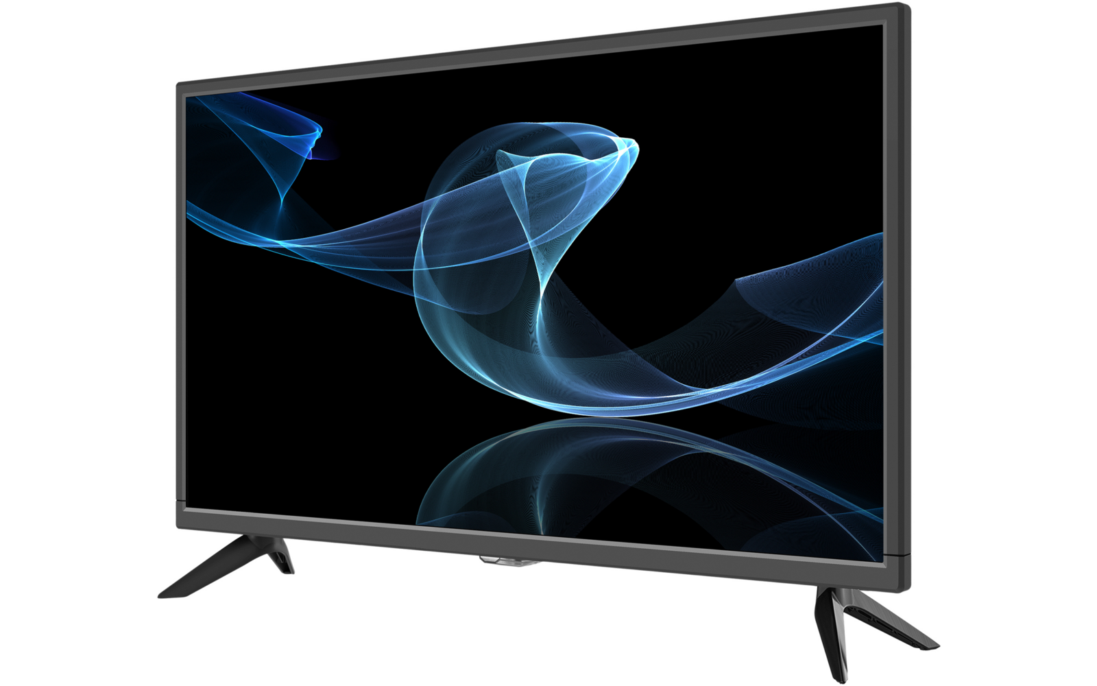Flachbildfernseher auf Standfüßen, schwarzer Bildschirm mit blauen, transparenten wellenförmigen Lichtmustern